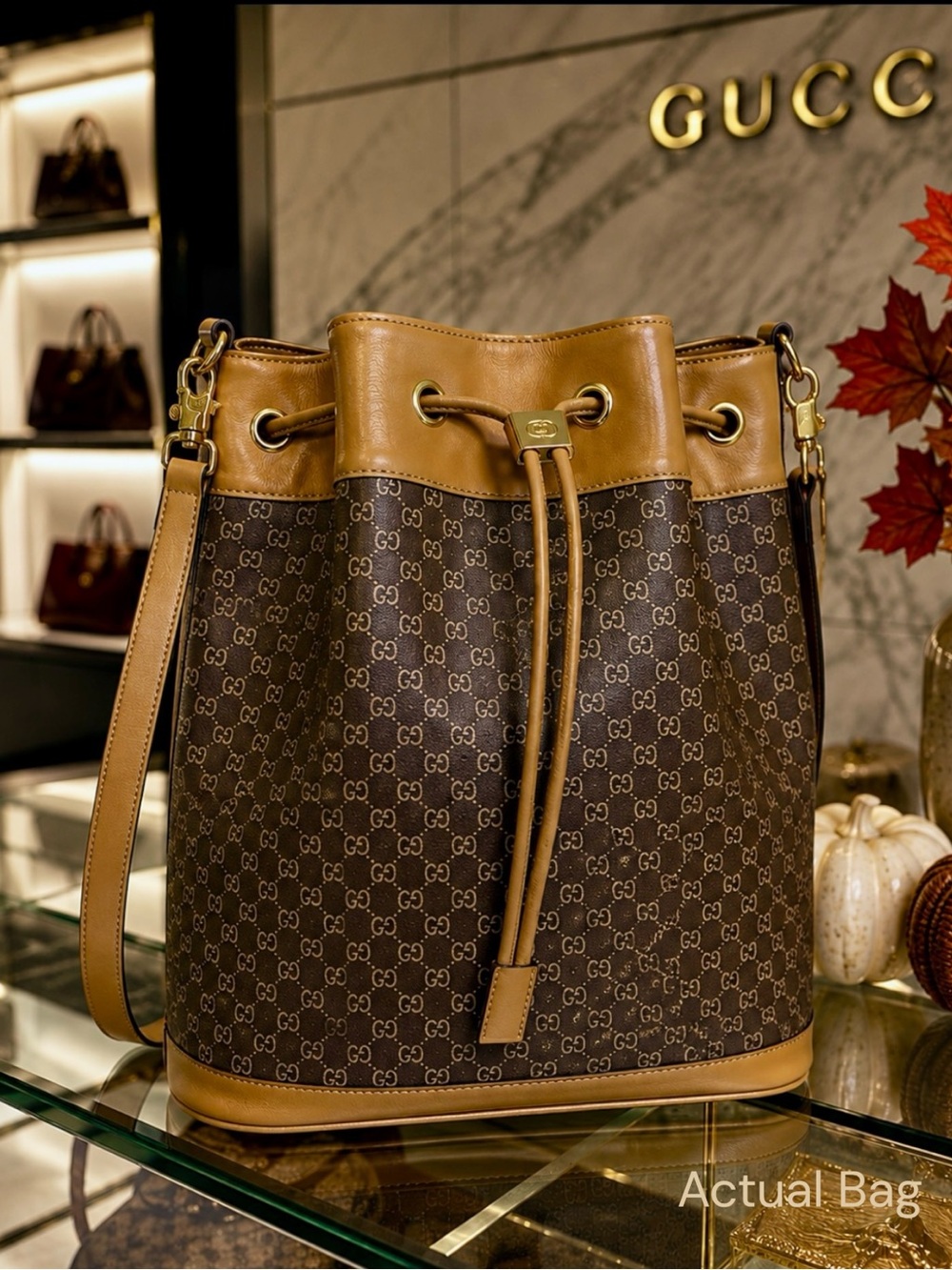 Authentic Vintage Gucci Brown & Carmel GG Supreme Drawstring Bucket Bag VG